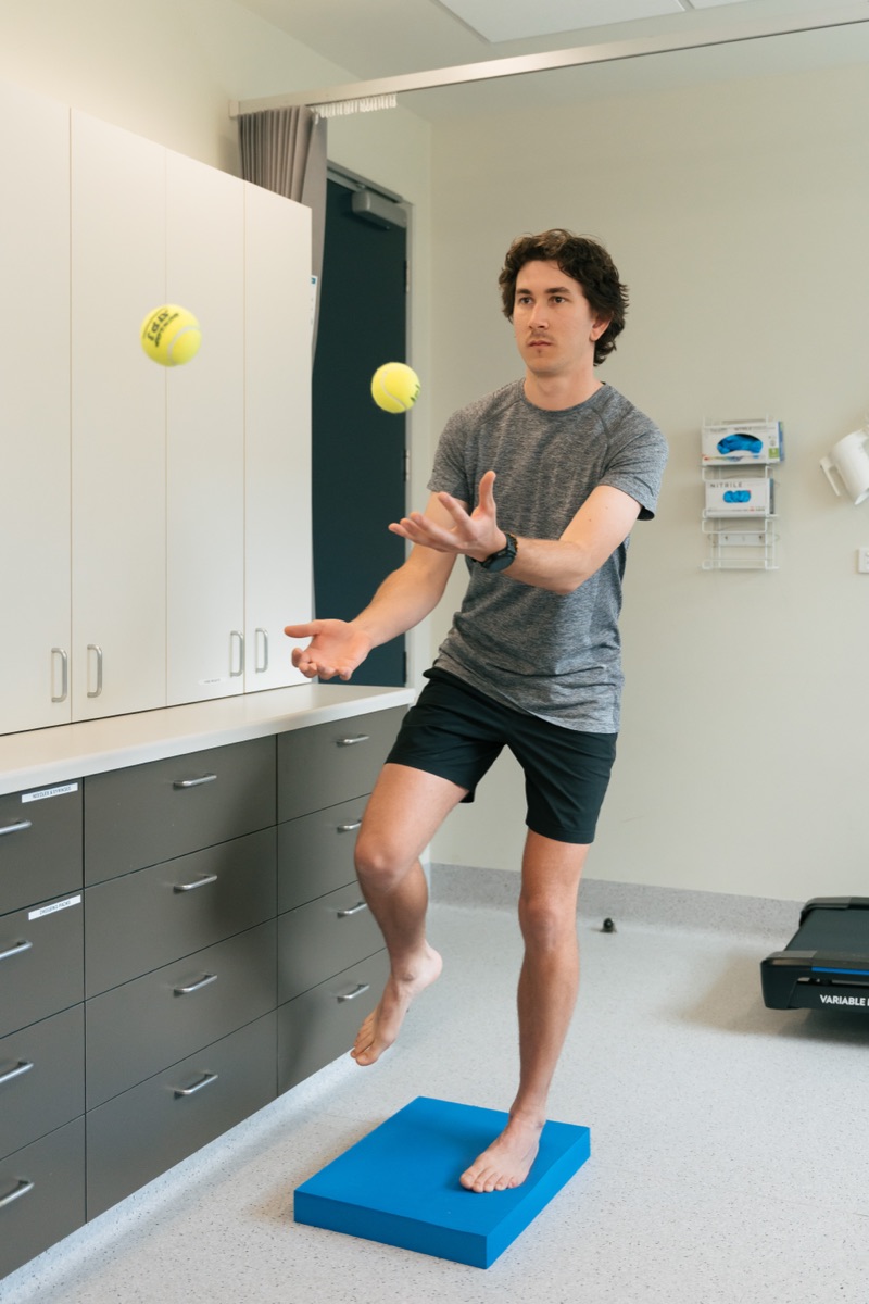 Balance and coordination testing on a foam pad